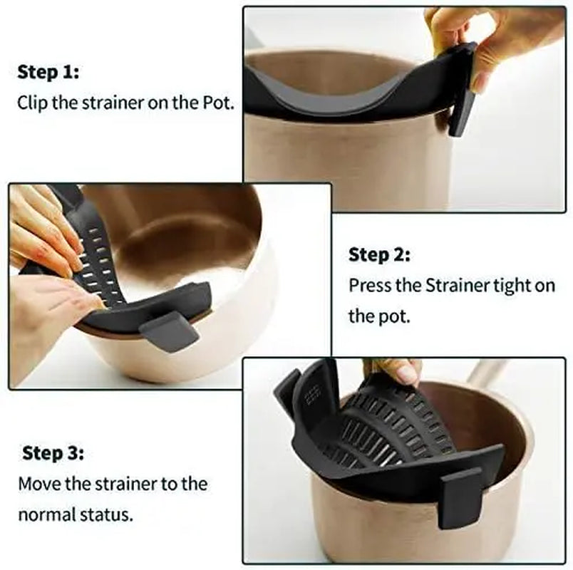 Strainer Silicone for All Pots and Pans, Pasta Strainer Clip on Food Strainer for Meat Vegetables Fruit Silicone Kitchen Colander