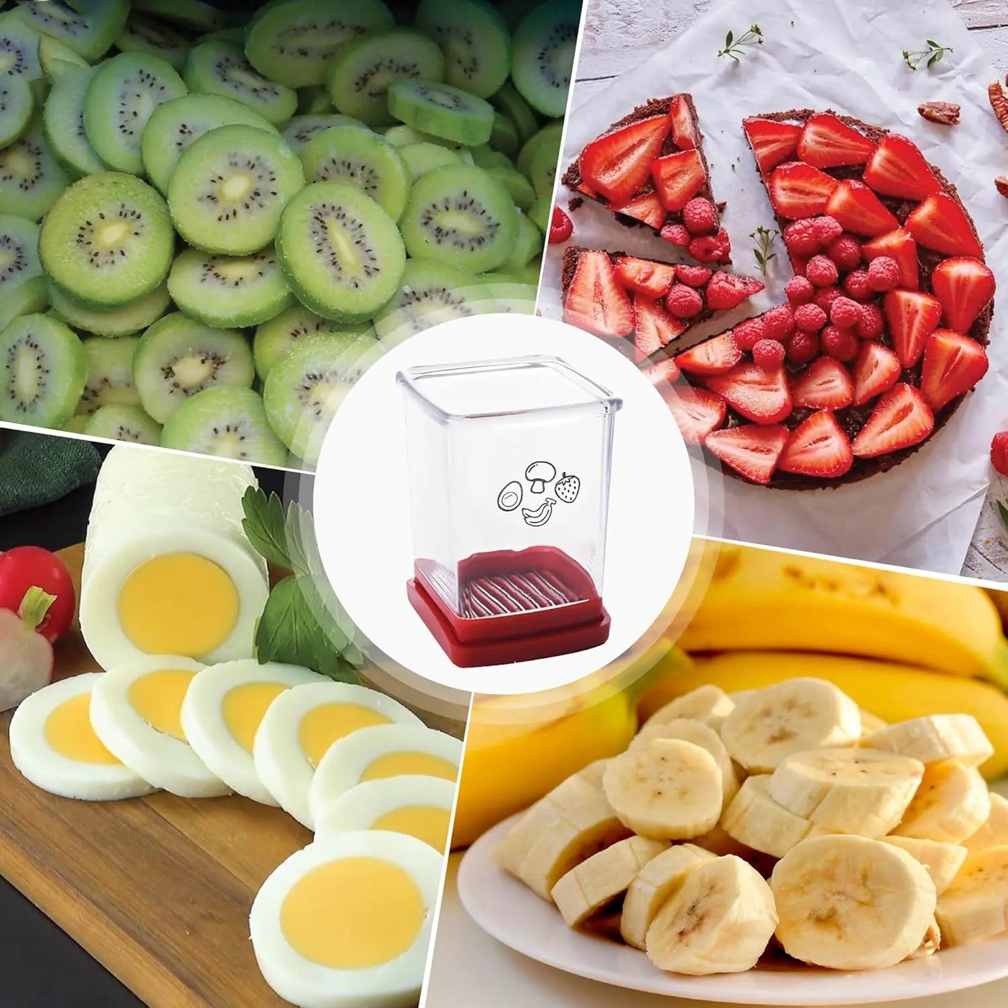 Fruit Slicer Cup for Strawberry, Banana, Hard-Boiled Egg - Detachable Cutter with Push Plate - Rapid & Safe Slicing Kitchen Gadget for Quick Meal Prep